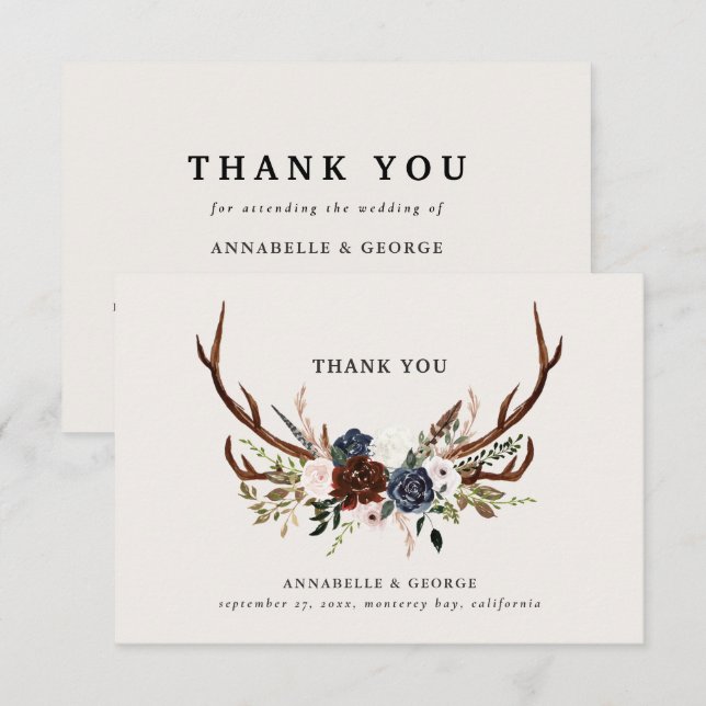 Rustic burgundy navy floral wedding thank you enclosure card (Front/Back)