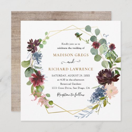 Rustic Burgundy Navy Florals Wedding Invitation - This elegant and customizable Wedding Invitation features a geometric gold frame adorned with delicate watercolor burgundy and navy florals with greenery foliage, paired with a whimsical calligraphy and a classy serif font in gold and black. To make advanced changes, please select "Click to customize further" option under Personalize this template.