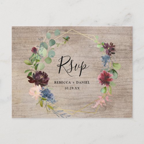 Rustic Burgundy Navy Florals with Greenery Rsvp Postcard - Designed to coordinate with our Rustic Burgundy Navy Blooms wedding collection, this customizable RSVP card, features watercolor eucalyptus leaves & delicate burgundy and navy florals, paired with a trendy script font in gold and classy serif font in black. To make advanced changes, go to "Click to customize further" option under Personalize this template.