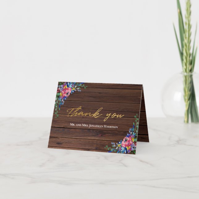 Rustic Burgundy Navy Gold Floral Dark Wood Thank You Card (Front)