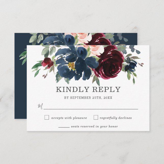 Rustic Burgundy Navy Pink Floral Wedding RSVP Card (Front/Back)