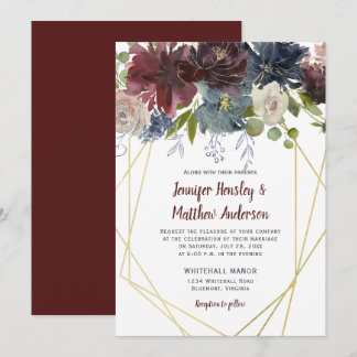 Rustic Burgundy Navy Rose Geometric Floral Wedding Invitation