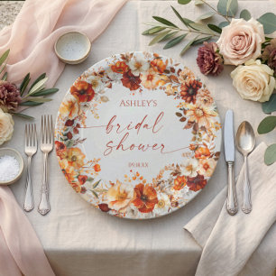 Rustic Burgundy Orange Floral Bridal Shower Paper Plates