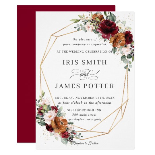 Rustic Burgundy Orange Floral Wedding Geometric Invitation | Zazzle.com