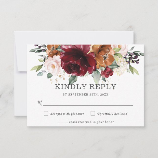 Rustic Burgundy Orange Floral Wedding RSVP Card (Front)