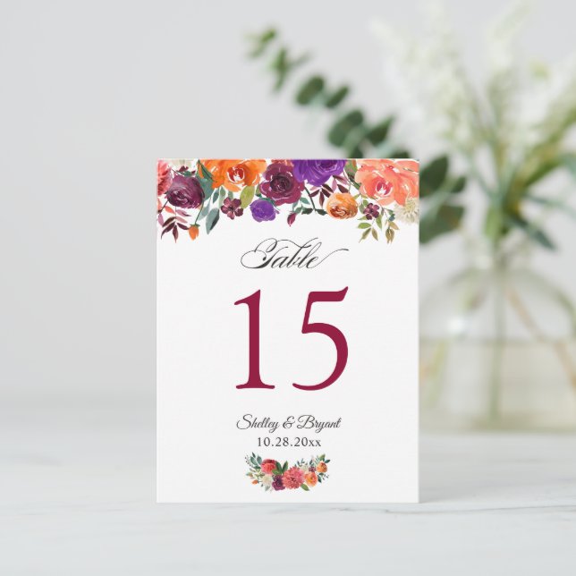 Rustic Burgundy Orange Floral Wedding Table Number (Standing Front)