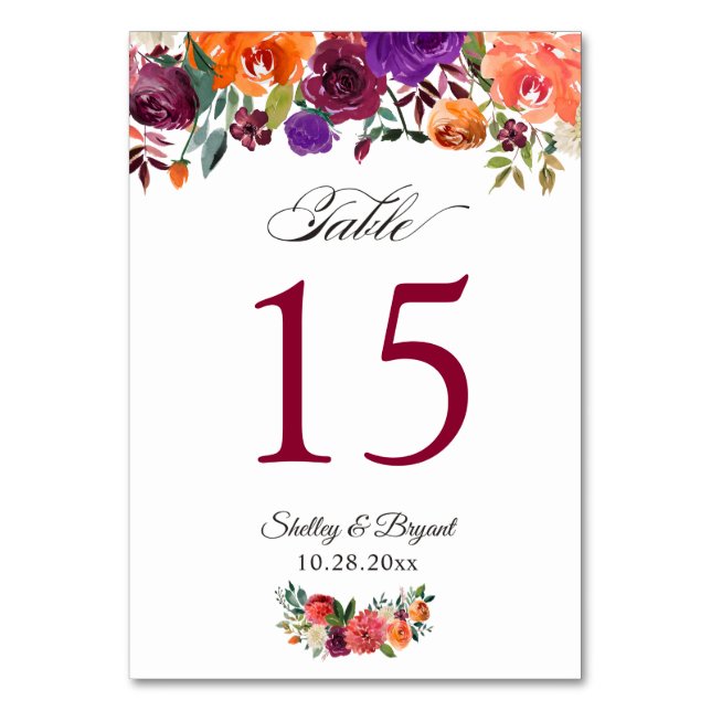 Rustic Burgundy Orange Floral Wedding Table Number (Front)
