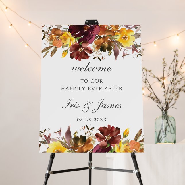 Rustic Burgundy Orange Floral Wedding Welcome  Foam Board (In Situ (Stand))