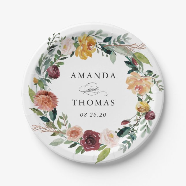 Rustic Burgundy Orange Floral Wreath Wedding Paper Plates (Front)