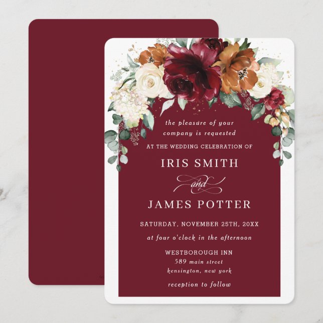Rustic Burgundy Orange Ivory Floral Arch Wedding Invitation (Front/Back)
