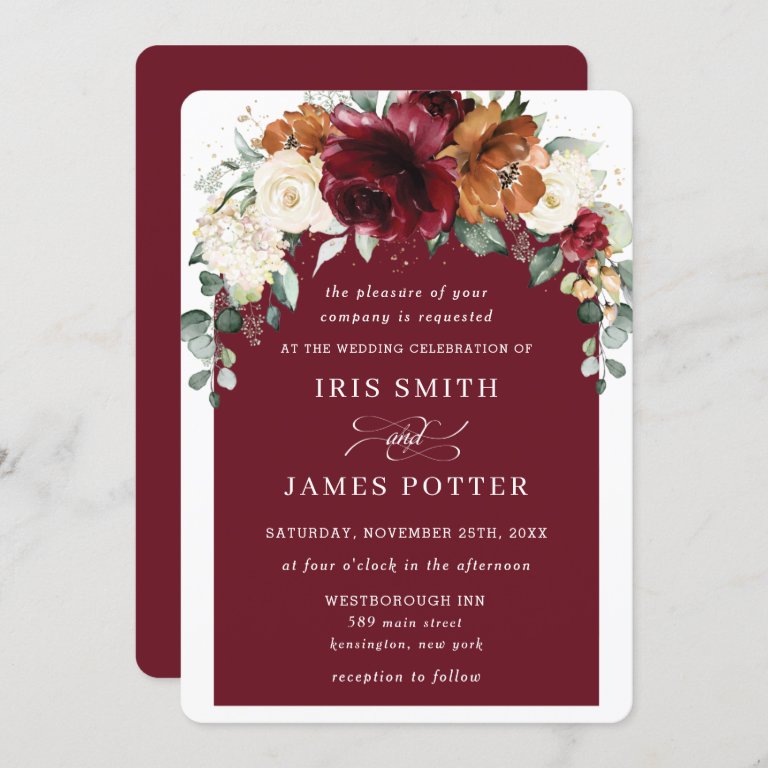 Rustic Burgundy Orange Ivory Floral Arch Wedding Invitation