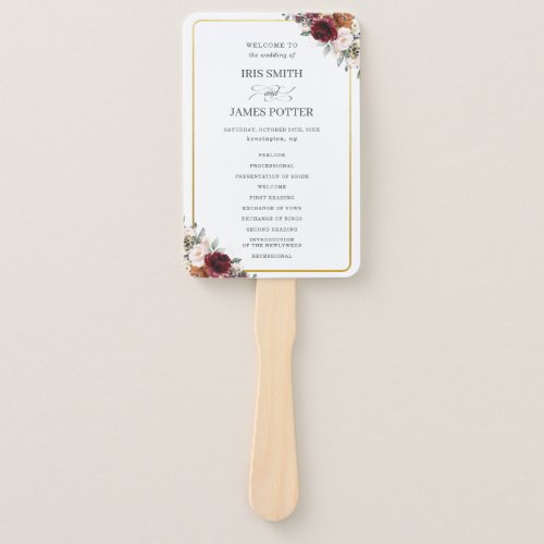 Rustic Burgundy Orange Pink Floral Wedding Program Hand Fan