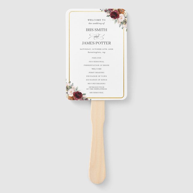 Rustic Burgundy Orange Pink Floral Wedding Program Hand Fan (Front)