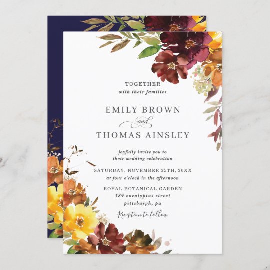 Rustic Burgundy Orange Yellow Floral Fall Wedding Invitation | Zazzle.com