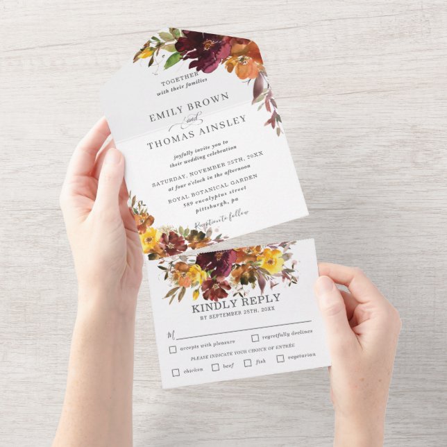 Rustic Burgundy Orange Yellow Floral Wedding   All In One Invitation (Tearaway)