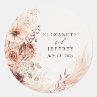 Rustic Burgundy Pampas Floral Fall Wedding Classic Round Sticker