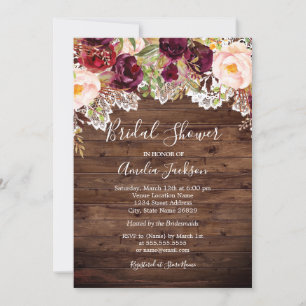 Rustic Burgundy Peach Floral Bridal Shower Invitation