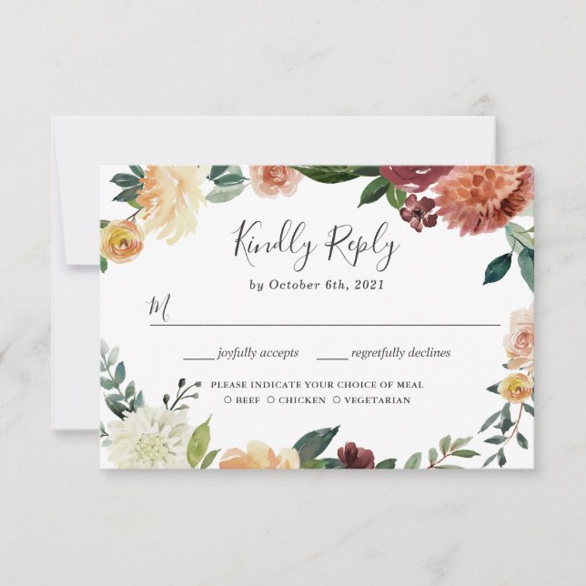 Rustic Burgundy Peach Orange Floral Wedding RSVP Card (Front)