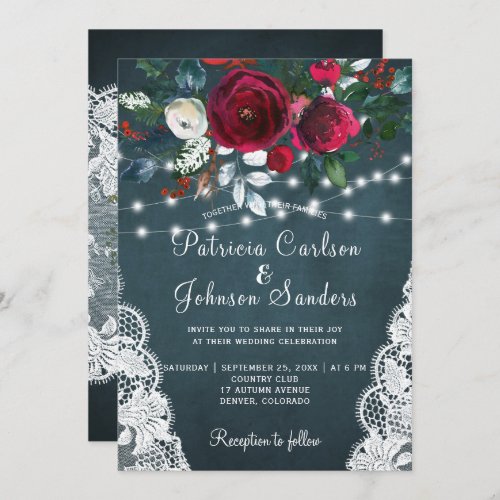 Rustic burgundy peonies winter lights lace wedding invitation