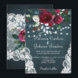 Rustic burgundy peonies winter lights lace wedding invitation<br><div class="desc">Elegant chic winter wedding stylish invitation template on dark pine green chalkboard featuring a beautiful red burgundy and white flowers bouquet with hunter green foliage, strings of white twinkle lights, lace corners, and a handwritten calligraphy script. Easy to personalize with your details! The invitation is suitable for elegant winter rustic...</div>