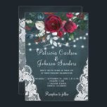 Rustic burgundy peonies winter lights lace wedding invitation<br><div class="desc">Elegant chic winter wedding stylish invitation template on dark pine green chalkboard featuring a beautiful red burgundy and white flowers bouquet with hunter green foliage, strings of white twinkle lights, lace corners, and a handwritten calligraphy script. Easy to personalize with your details! The invitation is suitable for elegant winter rustic...</div>
