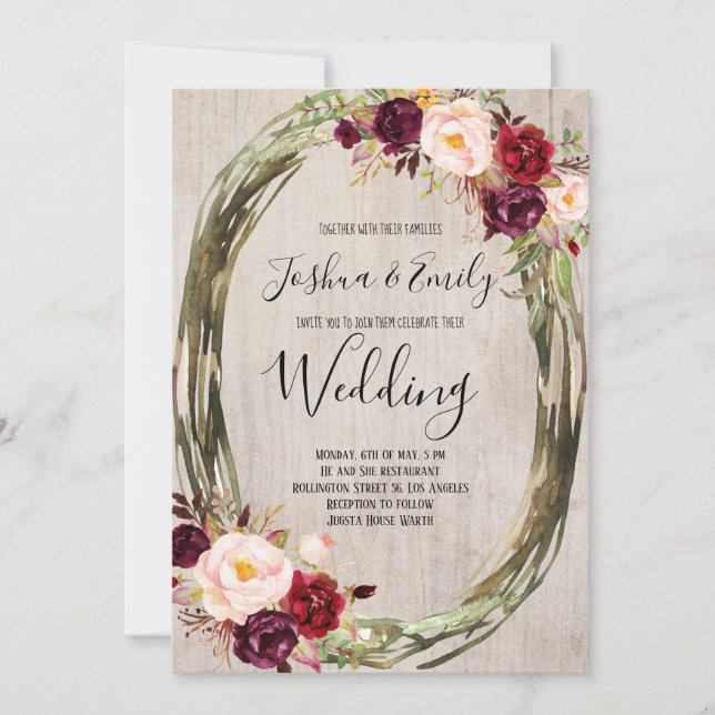 Rustic Burgundy Peony Floral Wedding Invitation (Front)