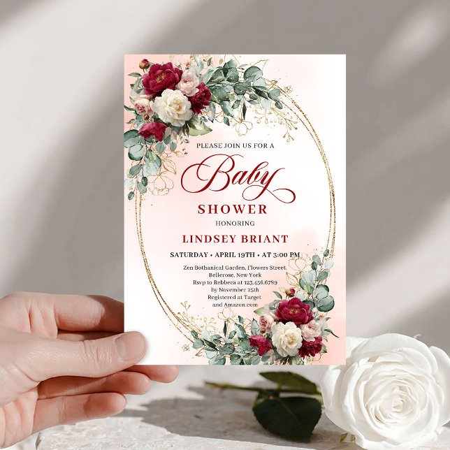 Rustic Burgundy Peony Gold Baby Shower Invite (Rustic Burgundy Peony Gold Baby Shower Invite)