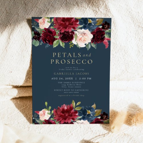 Rustic Burgundy Petals  Prosecco Bridal Shower Invitation