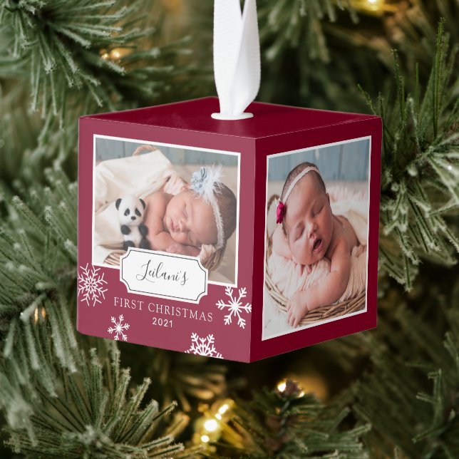 Rustic Burgundy Photo Collage Snow Cube Ornament (Tree)