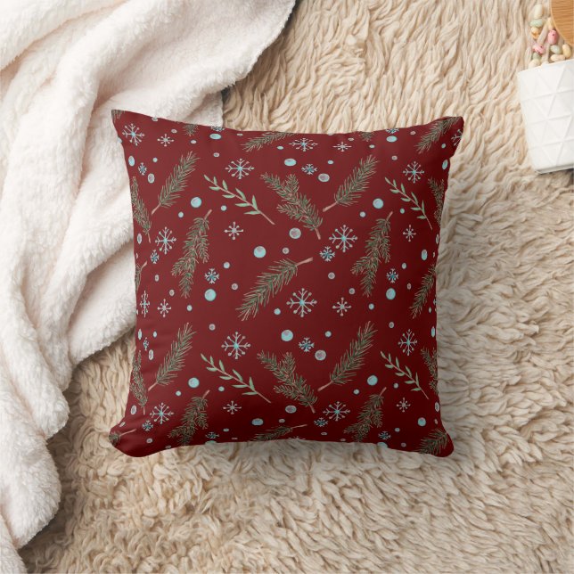 Rustic Burgundy Pine Branches Snowflakes Throw Pillow (Blanket)