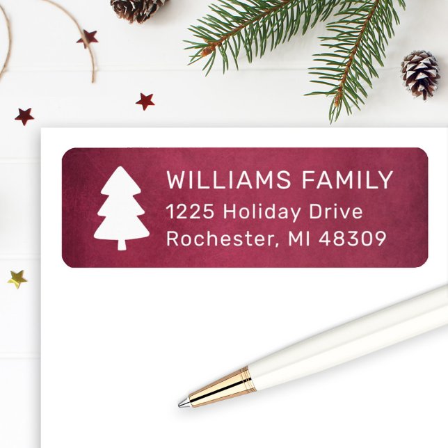 Rustic Burgundy Pine Tree Christmas Address Label (Creator Uploaded)