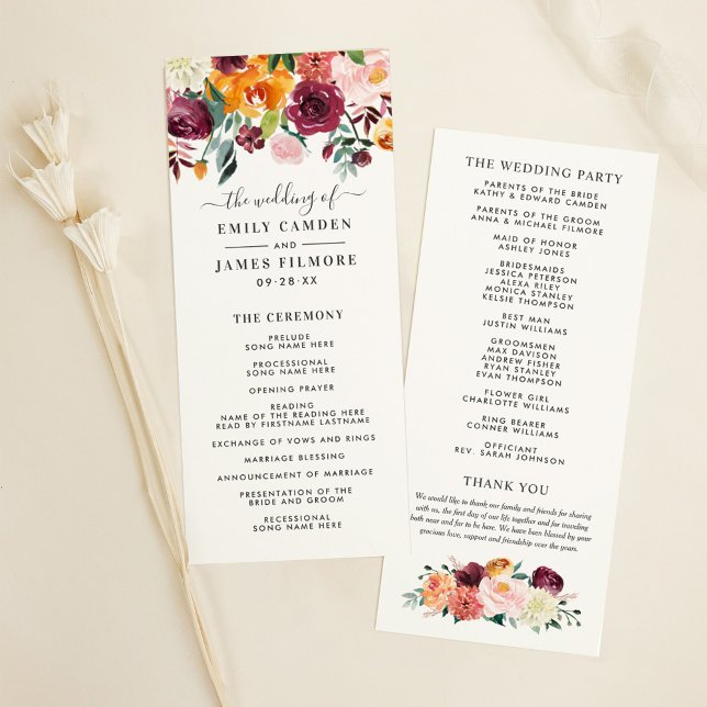 Rustic Burgundy Pink Fall Floral Wedding Ceremony Program (Creator Uploaded)