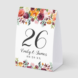 Rustic Burgundy Pink Fall Floral Wedding Monogram Paper Table Tent