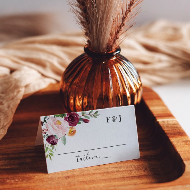 Rustic Burgundy Pink Fall Floral Wedding Monogram Place Card (Creator Uploaded)