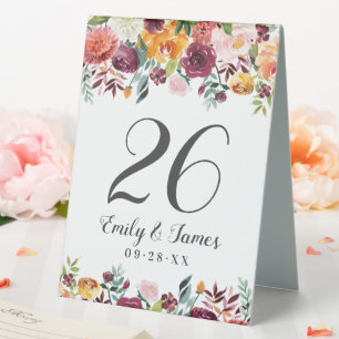 Rustic Burgundy Pink Fall Floral Wedding Monogram Table Tent