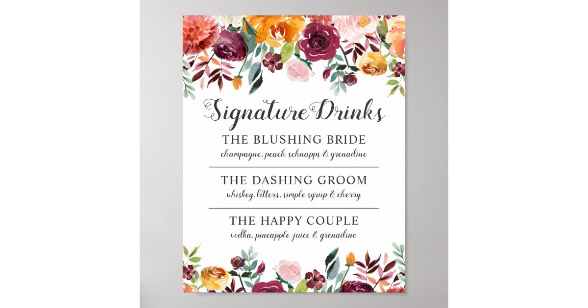 Rustic Burgundy Pink Fall Wedding Signature Drinks Poster Zazzle Com