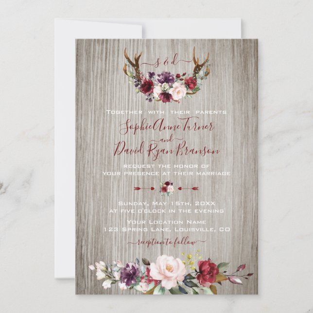 Rustic Burgundy Pink Floral Antlers Wood Wedding Invitation (Front)