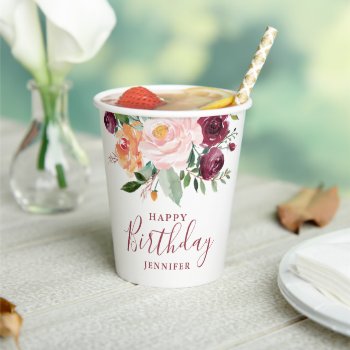 Rustic Burgundy Pink Floral Birthday Party Paper Cups by DancingPelican at Zazzle