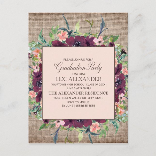 Rustic Burgundy Pink Floral Burlap Graduation Postcard (Front)