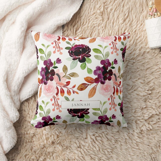 Rustic Burgundy & Pink Floral Fall Autumn Name Throw Pillow (Blanket)