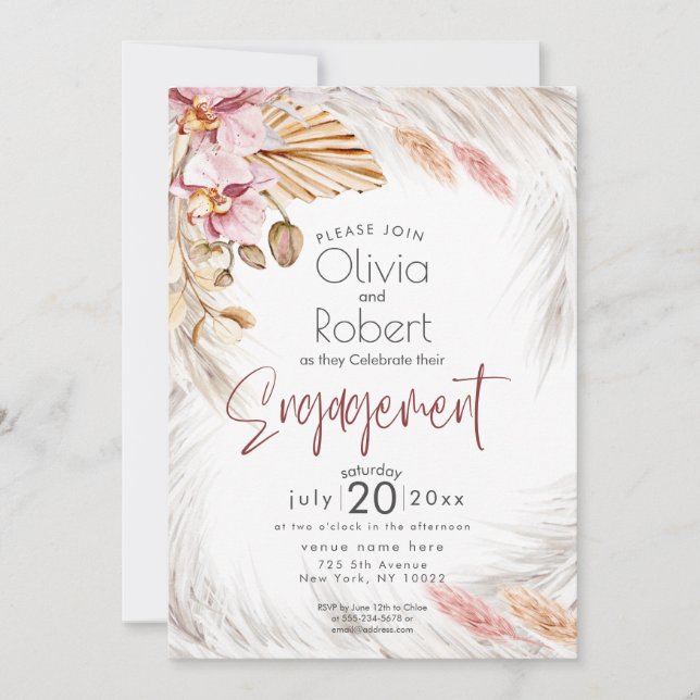 Rustic Burgundy Pink Floral Ivory Pampas Grass Inv Invitation (Front)