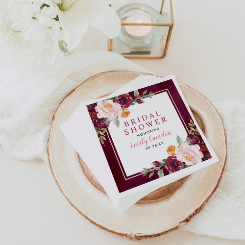 Rustic Burgundy Pink Floral Wedding Bridal Shower Napkins