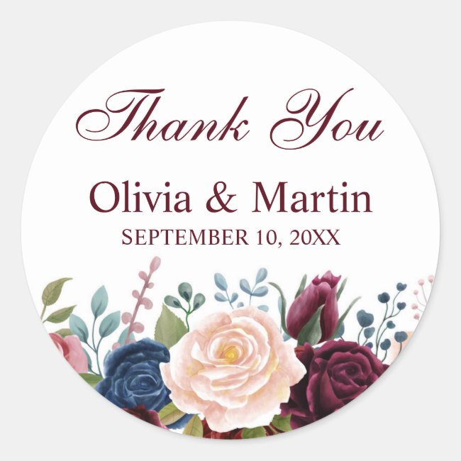 Rustic Burgundy Pink Navy Floral Classic Round Sticker