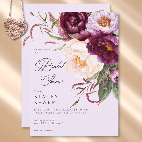 Rustic Burgundy  Pink Peonies Bridal Shower Invitation