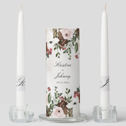 Rustic Burgundy Pink Rose Floral Script Wedding Unity Candle Set