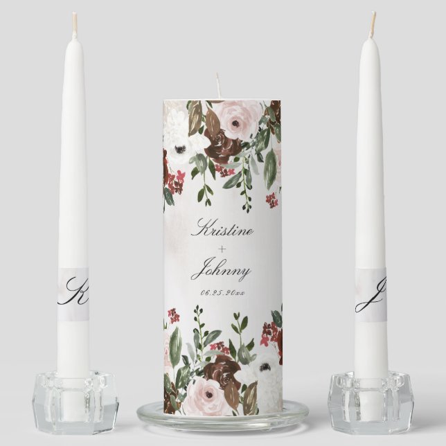 Rustic Burgundy Pink Rose Floral Script Wedding Unity Candle Set (Front)