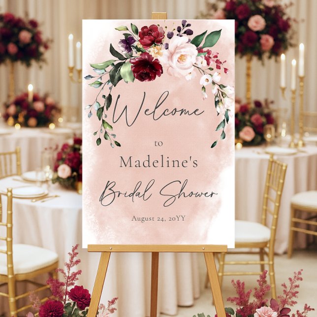 Rustic Burgundy Pink Roses Bridal Luncheon Welcome Foam Board (Rustic Burgundy Pink Roses Bridal Shower Welcome Sign)