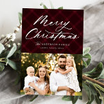 Rustic Burgundy Plaid Merry Christmas 3 Photo Holiday Card<br><div class="desc">Elegant holiday photo card featuring "Merry Christmas" displayed in a white calligraphy script at the top of the design on a painted burgundy plaid background. Personalize the front of the card by adding your name, year, and a photo. The card reverses to display 2 additional photos on a matching plaid...</div>