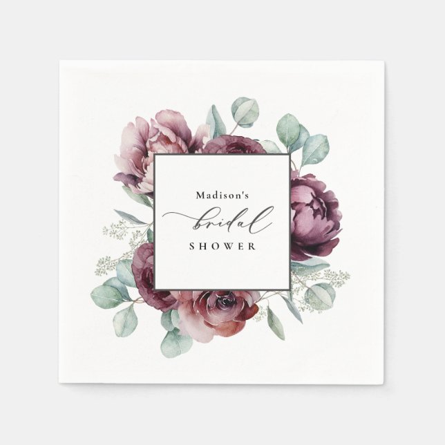 Rustic Burgundy Plum Floral Bridal Shower Napkins (Front)