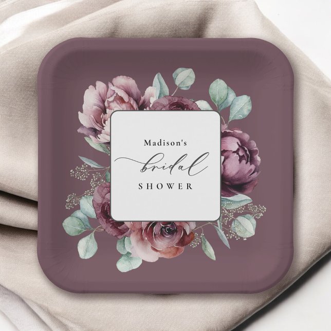 Rustic Burgundy Plum Floral Bridal Shower Paper Plates (Creator Uploaded)